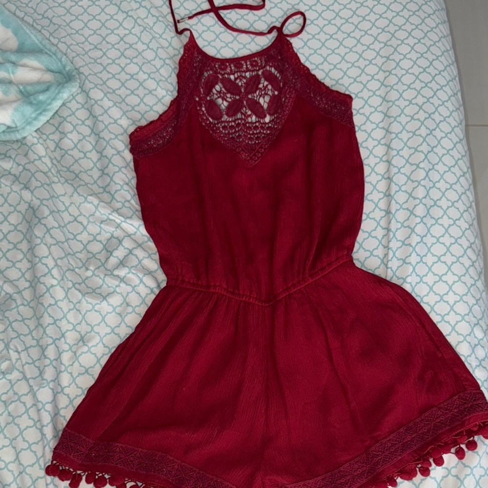 Red Lace Trim Romper
